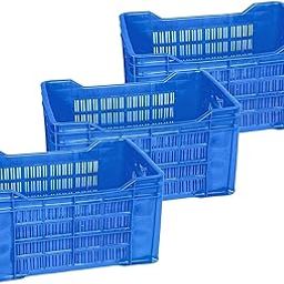 PETALS Plastic Rectangular Crate Set Of 3 | Portable Heavy Duty Vegetable/Fruits & Multipurpose Container Storage | Open Self Basket for Large storage Bin | 3 Pcs, Combo, 20 Kg Capacity Each, Blue-0