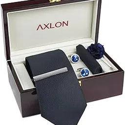 axlon Tie for Men – Striped Silk Neck Ties Set with Cufflinks Flower Pin, Pocket Square & Black Gift Box, Combo Necktie Sets for Office Wear, Formal Suits & Weddings (Deep Navy Blue, NXPLX_112)-picture-9