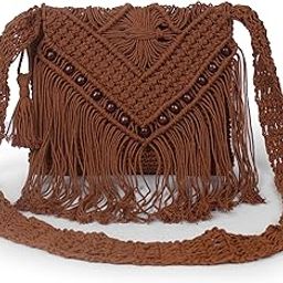 Bohemian Macramé Crossbody Bag Cotton Fringe Handbag with Wooden Beads, Handwoven Shoulder Purse-image-61