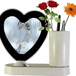 Customized LED Magic Mirror Photo Frame with Flower vase & Pen Stand – Personalized LED Light Picture Frame for Desk, Gifts for Couples, Anniversary, Wedding, Birthday (Warm White Heart Shape)-image-80