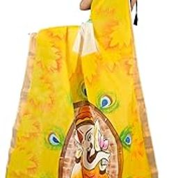 Women Pure Cotton Hataka Design Bengali Traditional Hand Painted Saree (Yellow White)-image-33