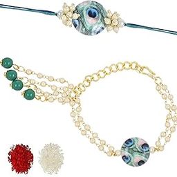 Mens Peacock Feather Pearl Bhaiya Bhabhi Lumba Rakhi Set With Roli Chawal And Rakshabandhan Card-image-34