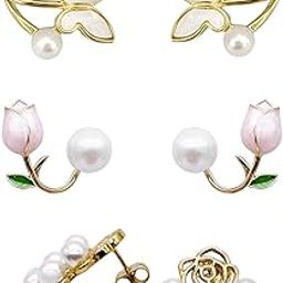 Latest Korean Combo Of 3 Light Weight Butterfly Shape | Pink TealLeaf | Flower White Pearl Earrings Set For Women And Girls Stylish-0