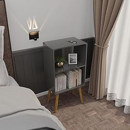 ETIQUETTE ART Bedside Table,Mid-Century Modern Bedside Table with Storage Open Shelf Wood Shelf,Small End Side Table with Decorative for Bedroom,Living Room (Grey)-2