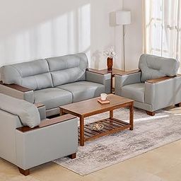 Home Centre Walter Solid Wood Half Leather 3+1+1 Seater Sofa Set – Grey-image-26
