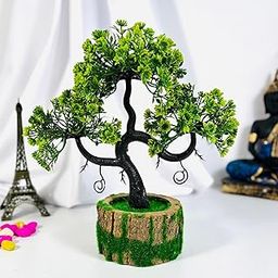 Artificial Plants with Green Wooden Pot Fake Bonsai Plants Greenery Desktop Display Simulation,Office,Home Office Bedroom Living Room Tabletop Bathroom Decor | Height : 25CM (Green)-image-5
