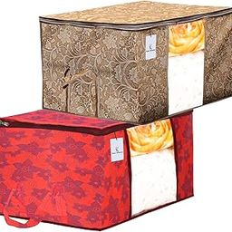Kuber Industries Metalic Printed 2 Piece Non Woven Fabric Underbed Storage Bag,Cloth Organiser,Blanket Cover with Transparent Window, Beige & Red -CTKTC41045,standard-17