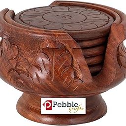 Wood Art Store Wooden Handmade Carved Set of 6 with Decorative Holder Tabletop Coasters for Tea Coffee Cups Mugs Beer Cans Bar Glass Indian Handicrafts-20