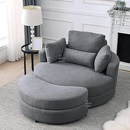 A S WOOD SHOPY Linen Accent Sofa Chair/Big Round Club Lounge Chair with Storage Ottoman and Pillows for Living Room/Bedroom/Office (Grey2)-image-7