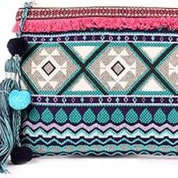 ASTRID 20 Cms Blue Cotton Makeup/Travel Pouch with Tassels-image-4