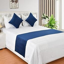 Hardeep Velvet Quilted Set of Bed Runner (16 x 96 inches) and 2 Cushion Covers (16 x 16 inches) Combo Set- Blue-10