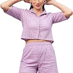 Woman Schiffli Shirt & Shorts Co-ord Set-image-44