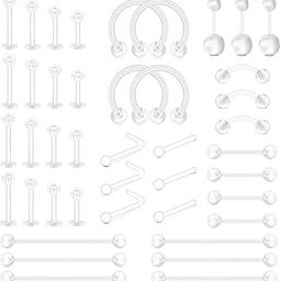 65pcs Mix Style Clear Piercing Retainer Flexible Lip Ear Nose Septum Eyebrow Nipple Tongue Rings Cartilage Tragus Earrings Retainer Bioflex Horseshoe Hoop Industrial Barbell-image-30