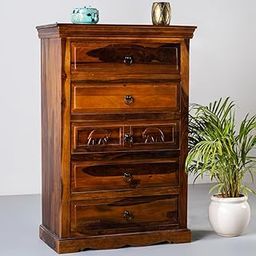 Eleph Solid Wooden Carved Chest of 5 Drawer Cabinet | Solid Wood Storage Furniture for Home | Chest of Drawers for Living Room | Antique Stylish Organization & Home Decor Honey Finish-18