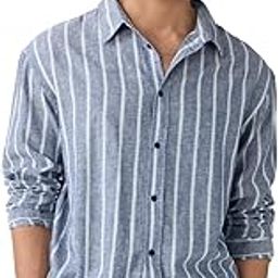 Cotton Linen Stripes: Nautical Men and Boys Long Sleeves Collared Neck Button Front Grey Striped Regular Fit Lightweight Summer Cotton Linen Shirts-image-38