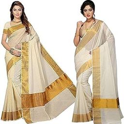MAT Kuthampully Kerela Onam Wear Flora Jari Woven Cotton Kasavu Kattikara Set Mundu Set Saree For Women with 5 inch Border and Kuri | With Blouse | Off White Sarees-image-99