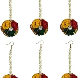 accessher Haldi/Mehndi Bridal Accessories Mangtika With Bead Studded Yellow Flower, Gota Patti Detailing and Pearl chain For Women & Girls, For Wedding Occasions-picture-1