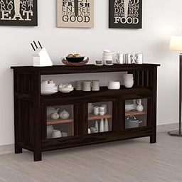 MAYOOR ART Solid Sheesham Wood Crockery Cabinet with Three Glass Doors and Versatile Sideboards Multipurpose Storage Cabinet | Open Shelf Storage | (Walnut Finish)-image-74