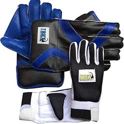 JetFire Men's Ibex Leather, Polyvinyl Chloride, Rubber Practice Cricket Wicket Keeping with Inner Gloves Combo (Blue and Black)-image-13