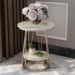 Al Hama Double-Layer Iron Metal Round Nightstand Bedside Table for Sitting Room Sofa Bedroom Bedside Storage Table Home Office Desk (Gold & White)-image-10