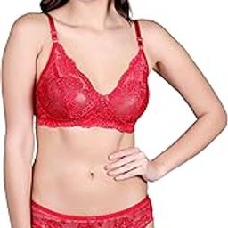 Women's Net Lace Non Padded Non Wired Red Bridal Set-picture-12
