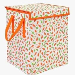 Floral Pattern Storage Box, Foldable Laundry Hamper with Lid, Orange Handles, 38x32x29 cm-image-8