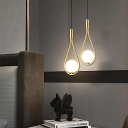 Light Set of-2 Dropshape Milky Forest Glass Gold Metal Modren Style Hanging Pendent Celing Light Lamp for Bedroom Living Room Lobby Bedside Office Kitichen Home Decor Light with Bulb-picture-6