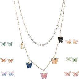 Butterfly Pendant Layered Chain with 10 Pairs of Matching Butterfly Stud Earrings | Cute Multicolor Jewelry Combo for Women & Girls-image-85