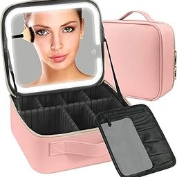 Tusmad Makeup Bag with LED Mirror Travel Makeup Case with Light up Mirror Large Cosmetic Case with 3 Color Lighted Portable Professional Makeup Artist Organizer Bag Dividers (Pink Pouch with Mirror)-14