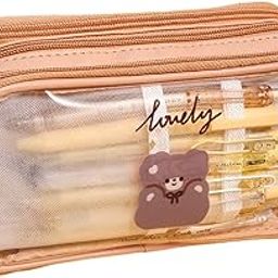 FunBlast Large Capacity Pencil Bag, 3 Compartment Transparent Pencil Pouch with Zipper Closure Portable Makeup Pouch, Aesthetic Pouch, Cute Stationery Bag for Students Girls Adults Office (Beige)-image-48