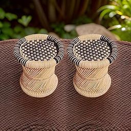 Natural & Handmade Bamboo Mudda with Beige Design | Cane Stool | Chack Design | Rattan- 15X15 Inch Set of 2-image-10
