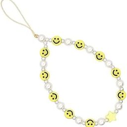 Smiley Face Pearl Beaded Phone Strap, Yellow and White, Decorative Mobile Charm with Star Accent-image-32