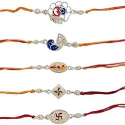 Traditional Silver-Plated Rakhi Set with Religious Symbols, Pack of 5, Multicolour Thread-image-57