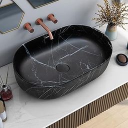 Plantex Ceramic Black Washbasin/Oval Tabletop Hand Wash Basin for Bathroom/Designer Washbasin Sink for Home/Office (22x13.5x6 Inch - Marble Finish)-image-66