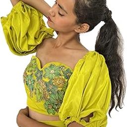 Neelsky Fashion Women's Bright Yellow Two-Piece Set with Puff Sleeves, Floral Embroidery-image-1