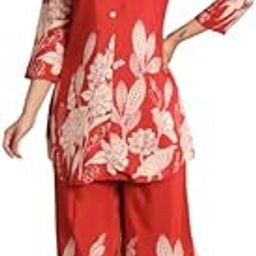 Women's Red Printed Russian Silk Co-ord Set-image-86