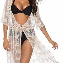 Sheer Lace Beach Cover Up, White Floral Pattern, 3/4 Sleeve Swimwear Kimono For Women-picture-5