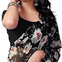 Women's Georgette Printed Satin Patta Saree with Unstitched Blouse Piece-10