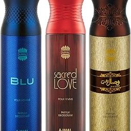 Ajmal Blu & Sacred Love & Wisal Dahab Deodorant Spray - For Men & Women (200 ml, Pack of 3)-87