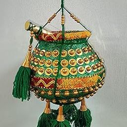 Fancy Krishna Butter URI/Pots Hand Made Decorative(Plastic) Pot Hanging Kalash with green Beads and gold Tassels, Handcrafted and Pot Length16 cm Pot Diameter = 24 cmGood Finished/Pack of (2) BIG SIZE-image-7