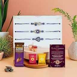 eCraftIndia Set of 3 Diamond Evil Eye Rakhis for Brother Bhaiya Bhai Bhabhi Kids | Rakhi With Chocolate Almond | Raksha Bandhan Greeting Card | Roli Chawal Pack-image-33
