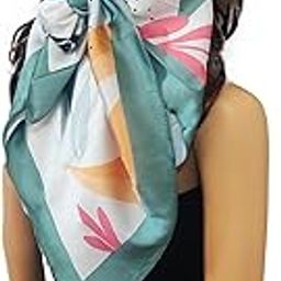 Satin Scarf for Women Lightweight Fashion Scarves, Wrap in Print Floral Pattern (Grey and Pine Green)-image-79