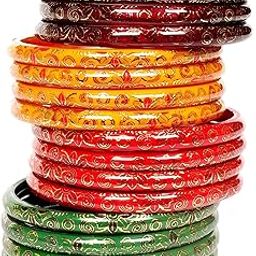 Red Green Mehrun Yellow Bangles for Women/Digital Prints Bangles/Light Shiny Prints/Glass Bangles (16Pcs)(SKU270)-image-20