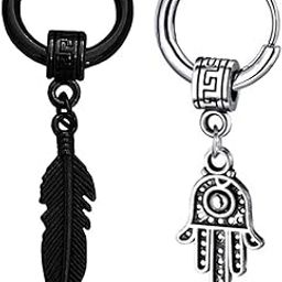 Feather Fatima Hamsa Hand Titanium Steel Silver Black Silver Stainless Steel Hoop Earrings For Men And Women-image-6