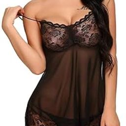 NISHABD Creations Women’s Polyester Spandex and Lace Floral Above Knee Babydoll Lingerie with G-String | Adjustable Straps Semi-Sheer Mesh Sleepwear Nighty (S, M, L, XL, XXL Sizes)-image-41