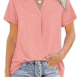 Womens V Neck Collared Shirt Short Sleeve Work Polo T Shirts Summer Dressy Casual Loose Fit Tunic Tops and Blouses, A06-pink, X-Large-image-42
