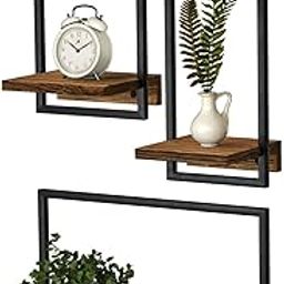 Metal Frame Rustic Wooden Floating Hanging Shelves, Home Decor Wall Mounted Display Organizing Shelf for Living Room, Bedroom, Office Bathroom. Set of 3-image-50