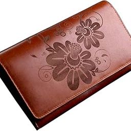 Flowers Engraved Genuine Leather Wallet for Women - RFID Protected, Zipper Closure, Multi-Card Ladies Purse with Dual Picture Slots and Coin Pocket - Handcrafted Purse for Women - Brown-image-86