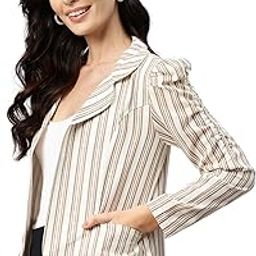 Women Off White Striped Cotton Lightweight Open Front Casual Blazer-image-72