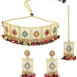 Beautiful Squared Shaped White Beads Studded With Gold Plated Choker Necklace Set For Women-image-11